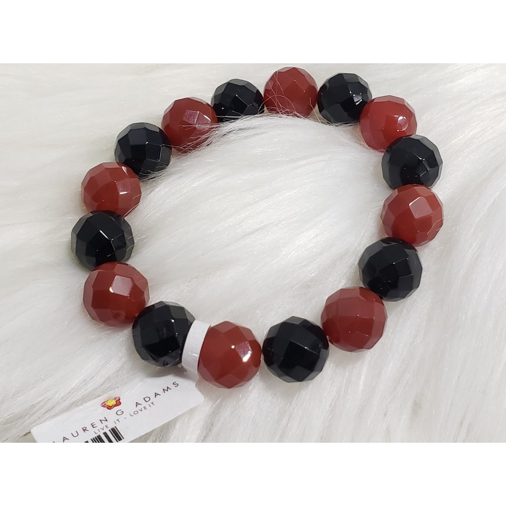 NEW LAUREN G‎ ADAMS RED AGATE CARNELIAN BLACK ONXY STRETCH BRACELET
